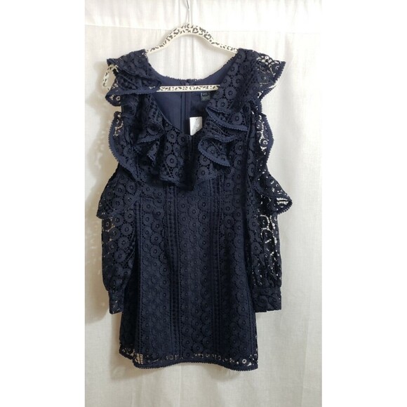 French Connection Dress Massey Ruffle Trim Cold Shoulder Lace Blue Size 4 $198 - Picture 1 of 6